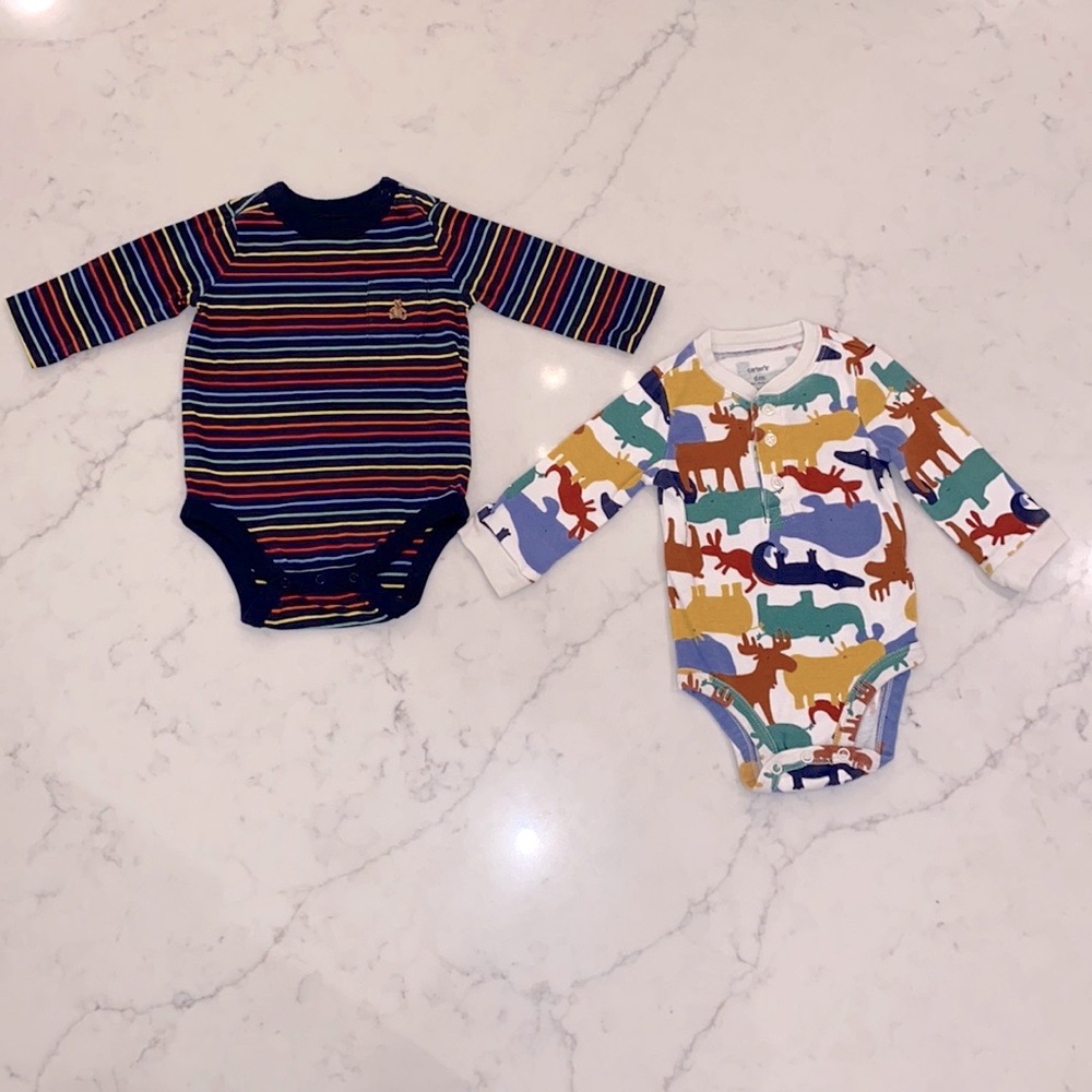 EUC 2 Gap and Carter’s Baby Boy’s Long Sleeve Bodysuit- stripes and animals (6m)